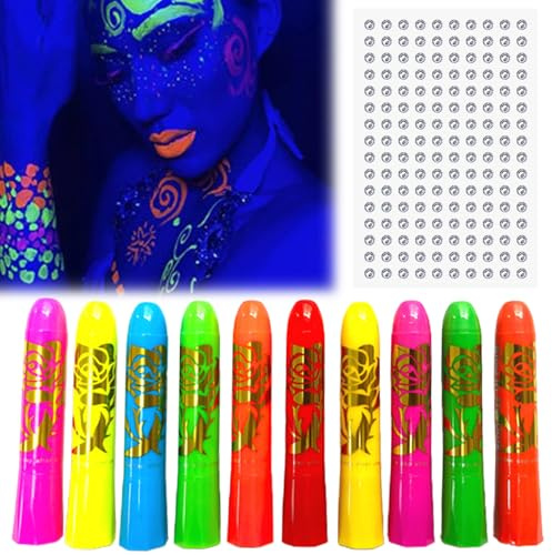 AYNKH 10 bodypainting färger penna, fluorescerande tatueringspennor lyser under svart ljus, säker giftfri kroppsfärg för halloween karneval smink karneval