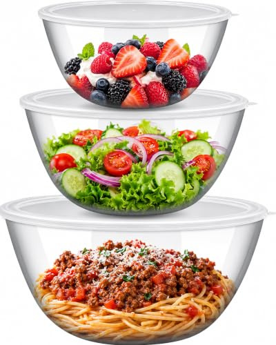 RWFMO 3 Pack Large Glass Mixing Bowls with Lids, Stackable Nesting Bowl Set | 3 Nesting Sizes: 1L, 2.5L, 4.2L, Deep Glass Bowls for Cooking, Baking, Salad Prep, Serving, Microwave, Freezer and Dishwasher