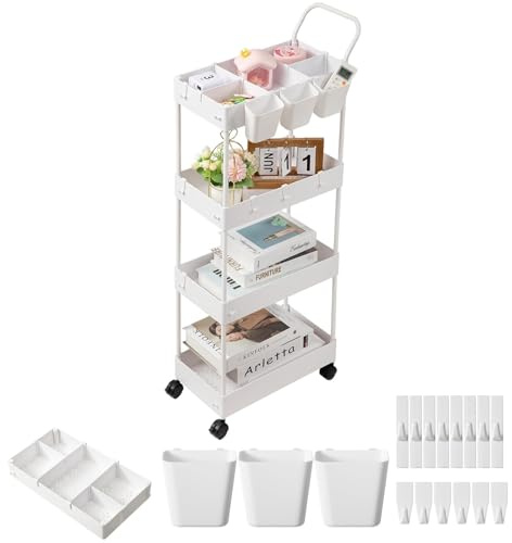 danpinera Chariot de rangement à 4 niveaux - Chariot de rangement sur roulettes - Chariot de beauté avec séparateurs et crochets et gobelets suspendus - Chariot de rangement pour cuisine, maquillage