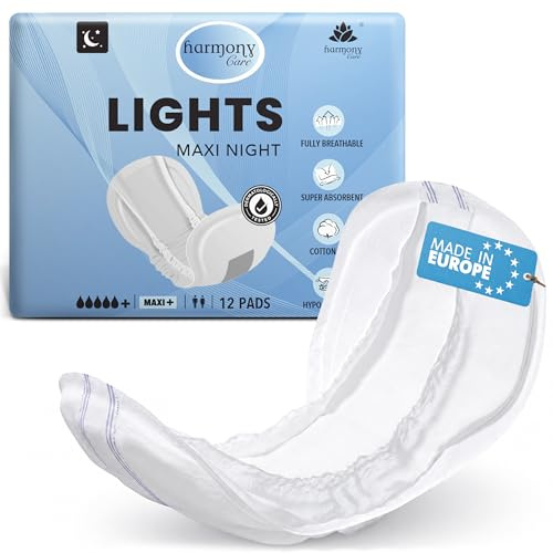 Harmony Care® Lights Maxi Night – Compresas para incontinencia unisex absorbentes – Discretas compresas para incontinencia leve a moderada – con protección contra fugas y control de olores – 12