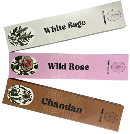 Anemone Encens – 100% Naturel et Fait Main – Combustion Douce et Longue – Parfum Frais, Purifiant et Non Toxique - Pack de 3 boîtes (Sauge Blanche, Rose, Chandan)
