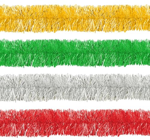 MICJLLT 4 Pcs Tinsel Christmas Tree Garland,Metallic Twist Shiny Xmas Tree Decorations for Holiday Hanging Indoor Outdoor Party Supplies,Tinsel for Home Mantle Xmas Tree Staircase Railing