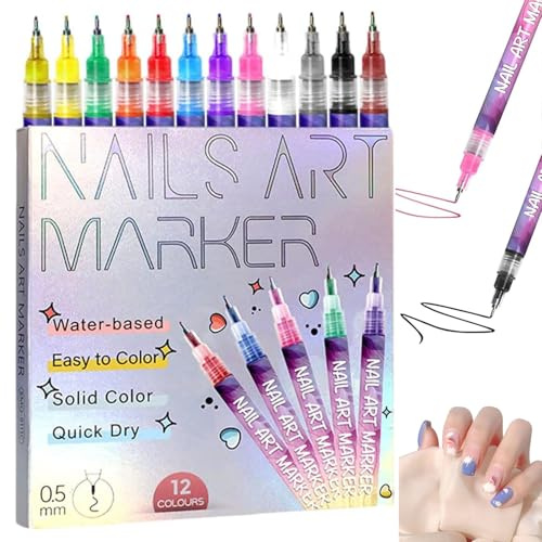 12 Colors Nail Art Pens Set, DIY Quick Dry Graffiti Dotting Point Liner Pens, Nails Art Drawing Tool, 3D Nail Polish Pens for Painting, DIY Nails Art Drawing Tool, Quick Dry Nail Art Markers