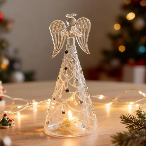 Kaezuy Weihnachtsdeko Engel Figuren mit LED Licht, Weihnachten Deko Beleuchtet Engel Figuren aus Glas, Leuchtende Weihnachtsengel, Kleine Engelfiguren für Weihnachten Tischdeko Geschenke (A)