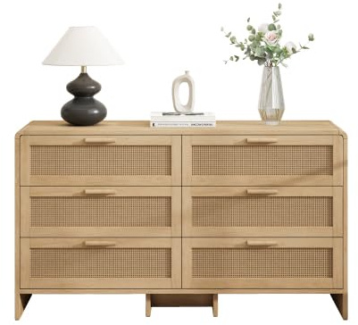 muenfly Cómoda de ratán con 6 cajones con frentes de ratán, armario de almacenamiento para salón, dormitorio, cocina, 130 x 40 x 74 cm, natural