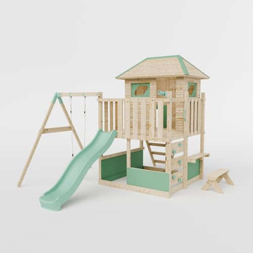 Waltons Wooden Outdoor Kids LittleSummit Large Tower Playhouse with Swing & Toddler-Friendly Features | Pressure-Treated Timber Garden Playset for Children | Handmade in the UK
