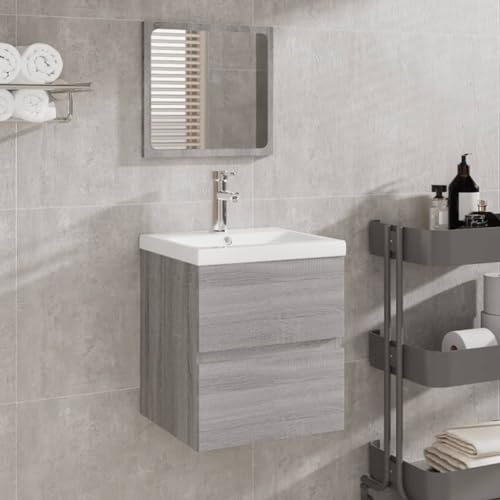 Generico Mobile da Bagno con Lavabo e Specchio Grigio Sonoma 41x38,5x45 cm in Legno Multistrato, Lavabo in Ceramica Bianco con Troppopieno, Specchio Acrilico Bianco 40x1,5x37 cm