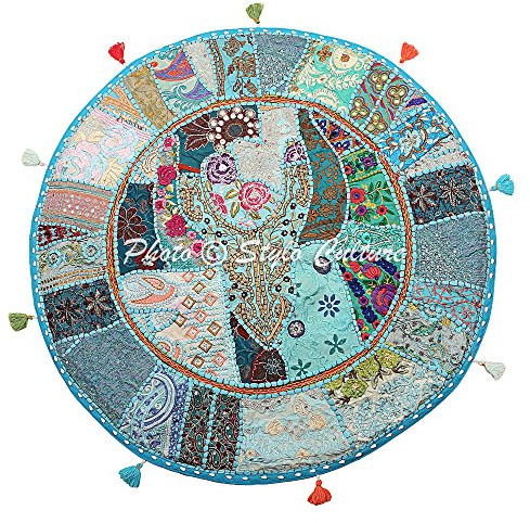 Stylo Culture Ethnisch Dekorativ Rund Bodensitzkissen 80x80 cm Groß Stuhlkissen Vintage Türkis Boho Patchwork Sitzsack Bodenkissen Baumwolle Bestickt Bodenkissen Garten