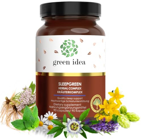 Green idea - SLEEPGREEN Johanniskraut Baldrian Passionsblume Ashwagandha – Besser Einschlafen – L-Tryptophan, Hopfen – kein Melatonin – Schlaftabletten Komplex - Einschlafhilfe Erwachsene 90 Kaps