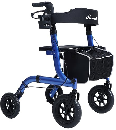 Henmnii Rollator Walker for Seniors, Lightweight Foldable All Terrain Rolling Walker with seat, Aluminum Walkers with 10 inch Rubber Wheels, Handles and Backrest for Seniors and Adult
