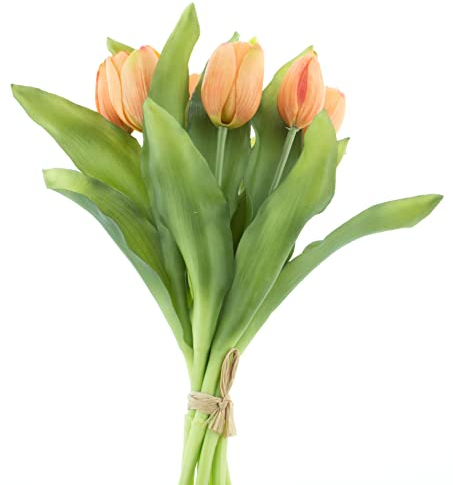 mucplants künstliche Tulpen Tulpenbündel mit 4 Tulpen und 3 Tulpenknospen real Touch (Pfirsich)