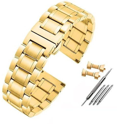 Uhrenarmband, for Casio for Tissot for Seiko for Citizen Metallarmband mit flachem/gebogenem Ende Edelstahl-Uhrenkette 20 mm 22 mm (Color : Style C-gold, Size : 24mm)