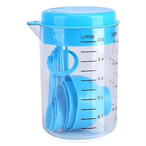 Measuring Cups and Spoons Set of 7 Pieces,Plastic Measuring Spoons with Storage Cup and Detachable Storage Ring Nesting Measuringcups for Measuring Dry or Liquid Ingredients Tea Coffee Kitchen