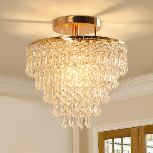 FRIXCHUR 11.8 Crystal Chandelier Gold Flush Mount Ceiling Light 5 Tiers Raindrops Crystals Pendant Lighting Fixture for Bedroom Hallway Living Room E26 Base