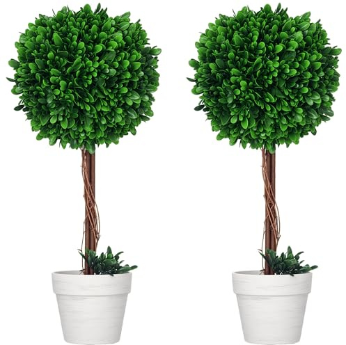 HOMCOM Set de 2 Plantas Artificiales de Boj para Casa y Oficina, Plantas Artificiales de Interior y Exterior con Maceta y Musgo de Imitación, Ø28x60cm, Verde