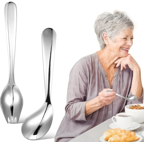 JECOMPRIS 1 Unidades Utensilios Adaptables Para Ancianos Diestros Cuchara En Ángulo Cuchara Curva De Acero Inoxidable Spork AntiShake Cubiertos Autoalimentación