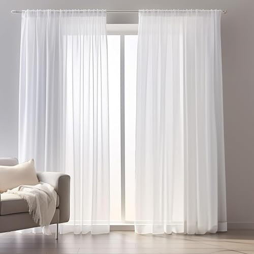 wiipara 2er Set Voile Gardinen Vorhang Weiß, Transparente Weiße Vorhänge Wohnzimmer Curtains aus Voile Polyester, Luftige Gardine Gardinenschals Dekoschal für Schlafzimmer, 132x240CM(BxH), Rod Pocket