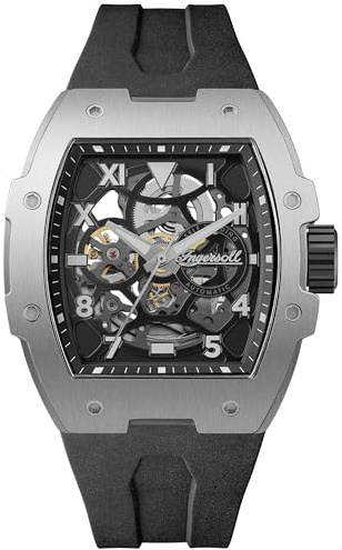 Ingersoll The Play 45 mm Automatic Herrenuhr mit schwarzem Skelettziffernblatt und schwarzem PU Armband