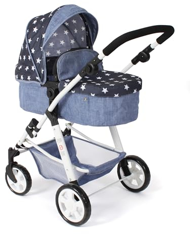 Bayer Chic 2000 - Puppenwagen Nele, 2-in-1 Kombipuppenwagen für Kinder von 3 bis 8 Jahren, Puppenkinderwagen mit umwandelbarer Babywanne, Kinderwagen für Puppen bis 50 cm Größe, Sternchen Navy