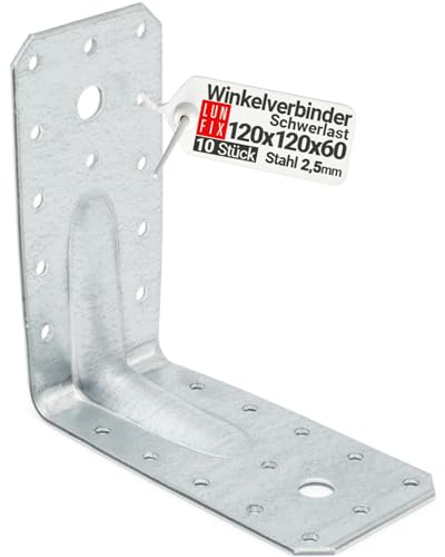 10 conectores angulares para cargas pesadas, 120 x 120 x 60 x 2,5 mm | acero galvanizado, ángulo de construcción
