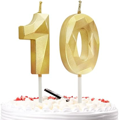 Prebarfun Bougies d'anniversaire Chiffres, Bougie Anniversaire, 3D Bougie Numéro 10, Bougie Anniversaire Chiffre Bougies dorées pour gâteau, décorations de gâteau pour fête d'anniversaire, mariage