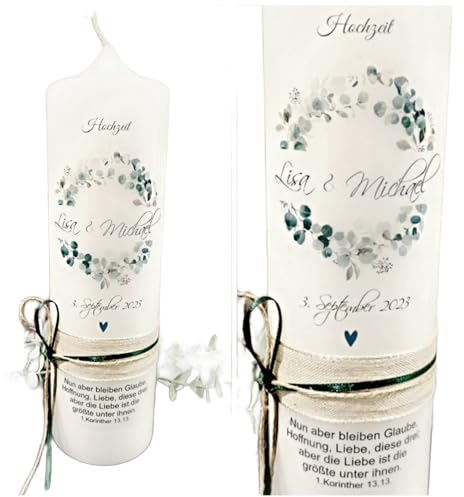 Hochzeitskerze Eukalyptus / 25 x 7 cm/Mit Namen, Hochzeitsdatum & Trauspruch. Inkl.Schleifen / - Kerze zur Hochzeit - Hochzeitsgeschenk