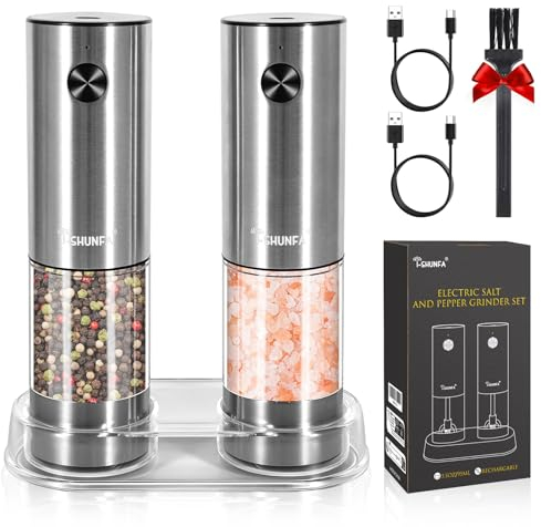 Salz und Pfeffermühle Elektrische 2er Set mit Basis,USB Wiederaufladbarer,Pfeffer und Salzmühle mit LED Beleuchtung und Bürste,Einstellbare Grobheit keramikmahlwerk,95ML Waschbares Gewürzmühle