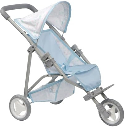JC Toys- Silla de Paseo Plegable de 3 Ruedas, para muñecas de hasta 45 cm, Tiene Cesta y Capota, Ideal para Jugar y pasear, Azul con decoración Floral, diseñado por Berenguer, +3 años