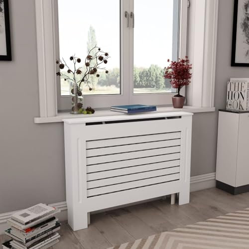 puraday Wohnzimmer Heizkörperabdeckung 112×19×81,5 cm MDF Heizkörper Verkleidung Abdeckung Heizkörperverkleidung Dekorative Lattenförmiges Design Heizung Abdeckung Radiator Cover Weiß