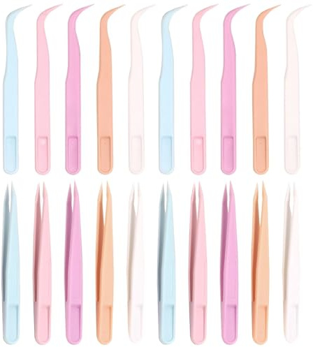 WOLMIK Lot de 20 pinces à épiler colorées en plastique - Pour travaux manuels, ramassage, pointes droites et incurvées pour la motricité fine, les extensions de cils