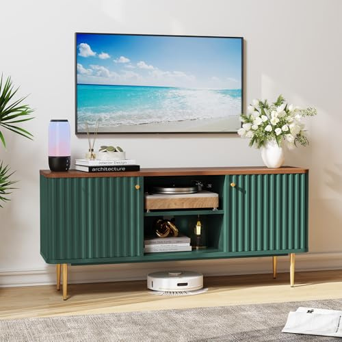 HOLTICO TV Stand Cabinet 55 Inch, Fluted Modern Wooden TV Console Unit with Storage and 2 Doors, Green Cabinets for 55/60/65 Inch Television, TV Tables for Living Room, Bedroom