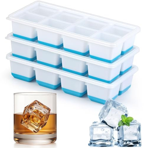 3 Pack Ice Cube Trays with Lid,Large Ice Cube Moulds for 24 Ice Cubes Stackable,Ice Cube Maker Easy Release,Large Ice Trays for Freezer Containers Prefect for Whisky, Cocktails, Drink