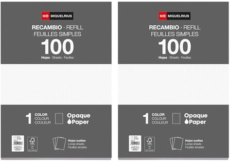 Miquelrius - Bloc di ricarica, 200 fogli sciolti puntinati dots, Carta opaca 90 g/m², Ricarica fogli A4 non perforati per raccoglitori ad anelli o archiviatori, Materiale scolastico