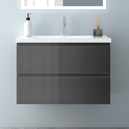 Biubiubath Badezimmermöbel 80cm Keramik Waschtisch mit Unterschrank Badmöbel Set Badezimmerschränke mit 2 Soft-Close Schubladen Hochglanz Dunkelgrau
