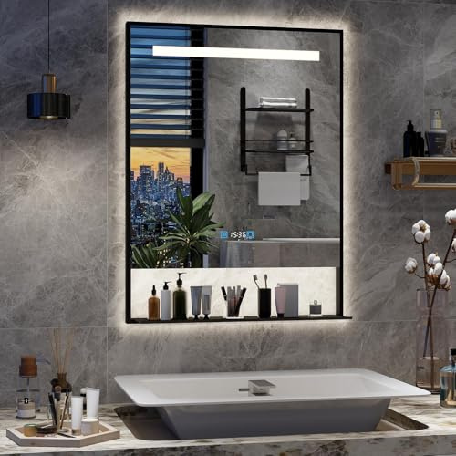 YU YUSING Badspiegel LED mit Abnehmbarer Ablage 60x80cm, Badezimmerspiegel mit Beleuchtung Aluminiumrahmen, Wandspiegel mit Touch-Schalter, 3 Einstellbare Lichtfarben, Anti-Beschlag, Wasserdicht