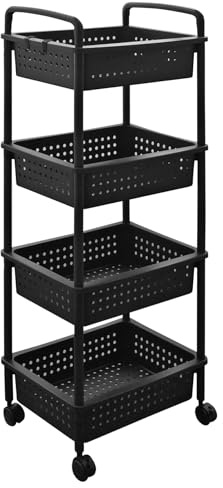 ABBAware Rollwagen mit 4 Körben, 40 x 30 x 100 cm Kunststoff Schwarz - Ablagefachwagen/Aufbewahrungswagen mit Rollen für Küche, Bad, Wohnzimmer
