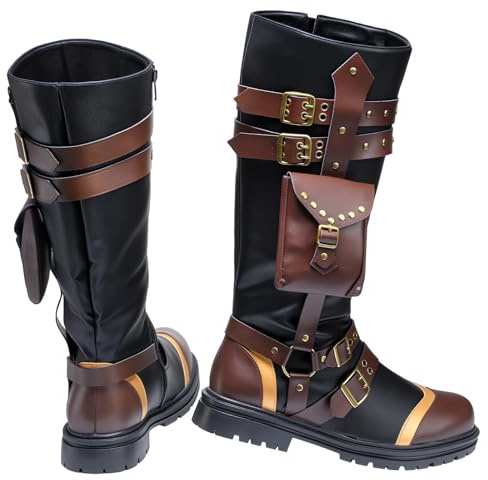 Breathffy Men's Renaissance Boots Medieval Steampunk Pirate Boots Us 10 | Costume Boot Men, Viking Shoes, for Ren Faire Halloween Party Cosplay Steampunk Accessories, Faux Leather, Brown