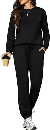 Aottori Tuta Sportiva Donna Completa Due Pezzi Casual Tuta da Ginnastica Felpa Manica Lunga e Pantaloni con Tasche e Coulisse Pigiama Set Autunno Invernale Nero XL