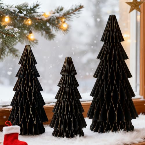 SUNBEAUTY 3 Stück Papier Weihnachtsbaum Waben Deko Weihnachtsbaum Tischdeko 3D Weihnachten mit Magnetisches Design Weihnachtsdeko Innen für Esstisch Schrank Fensterbank Kaminsims (Schwarz)