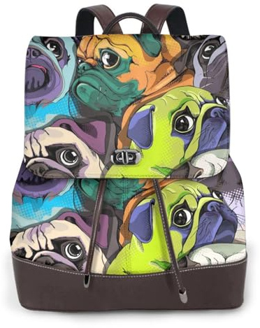 EgoMed Lustiger Cartoon-Mops, Damen-Rucksack, wasserdicht, Tagesrucksack, leicht, PU-Leder, modischer Reiserucksack