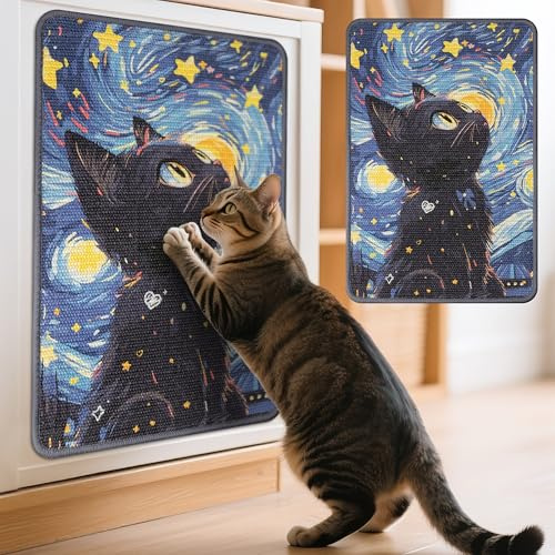 GudaAphrmix Sisal Cat Scratching Pad, Durable & Shedding-Resistant Wall Scratcher Mat for Indoor Cat, Kitten Art Print Scratching Mats for Carpet Couch Furniture with Adhesive Hook Loop Tape(24*16in)