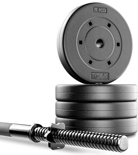 TREX SPORT Langhantel Set 24 kg | Hantelset mit Langhantelstange 120 cm | Kunststoff Hantelscheiben, Sternverschlüsse, Home Gym Krafttraining, langlebig