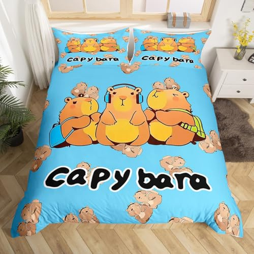 Homewish Kawaii Capibara - Juego de funda de edredón doble con 2 fundas de almohada, juego de ropa de cama con diseño de roedores de dibujos animados, bonito castor salvaje, temática natural, color