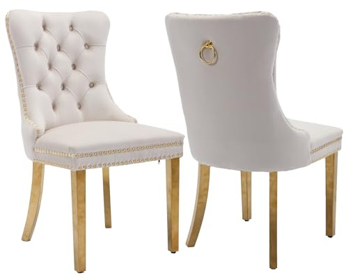 Shenyon Beige Samt-Esszimmerstühle 2er Set, Goldfarbene Edelstahlbeine | Mid Century Modern Stil; Rückenlehne mit Knopfheftung; Ziernägel; dekorativer Ringgriff; bequeme Polsterung; einfache Montage