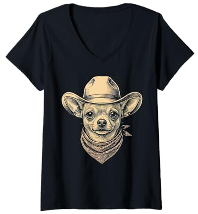 Damen Vintage Chihuahua Hund Cowboy Hut Bandana Retro Western T-Shirt mit V-Ausschnitt