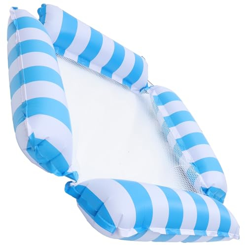 TOYANDONA Fauteuil Flottant de Piscine Gonflable en Filet, 4 Tubes, Rayures Bleues Claires, Pliable et Léger, Chaise Longue Flottante Ultra-résistante Pompe Incluse pour Jardin et Fête
