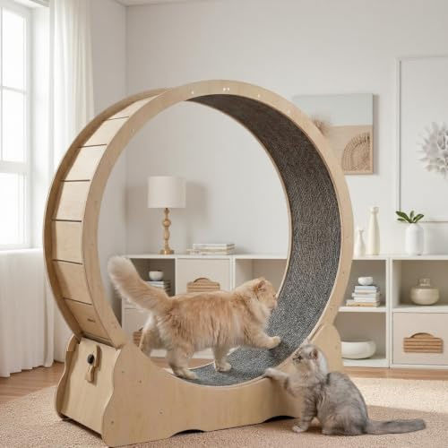 Katzenlaufrad Laufrad für Katzen, 132cm Laufrad Katze, Laufband mit Teppichboden, Katzenrad Fitnessgerät zur Gewichtsabnahme, für EIN längeres Leben der Katze (naturholz, XXL)
