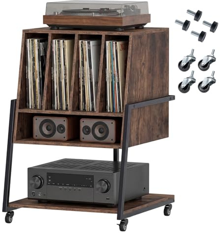 KOMFOTTEU Mueble para Tocadiscos (Marrón, sin Estación de Carga) | Mesa para Tocadiscos con Ruedas/Patas Ajustables, Divisores, Soporte de Discos de Vinilo de Madera para Álbumes para Salón