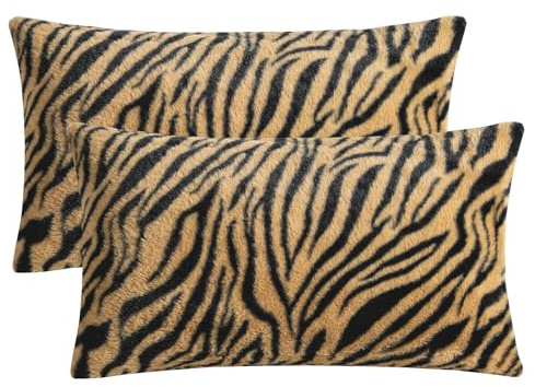 HOSTECCO Lot de 2 housses de coussin décoratives en fausse fourrure marron et noir avec imprimé tigre - 30 x 50 cm - Pour canapé, salon, chambre à coucher