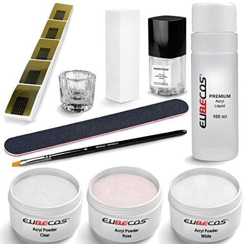 EuBeCos Acryl Nagel Starterset PLUS Liquid 100ml Acrylpuder weiß klar rosa 90g + Anleitung 11 teiliges STARTERSET MADE IN GERMANY